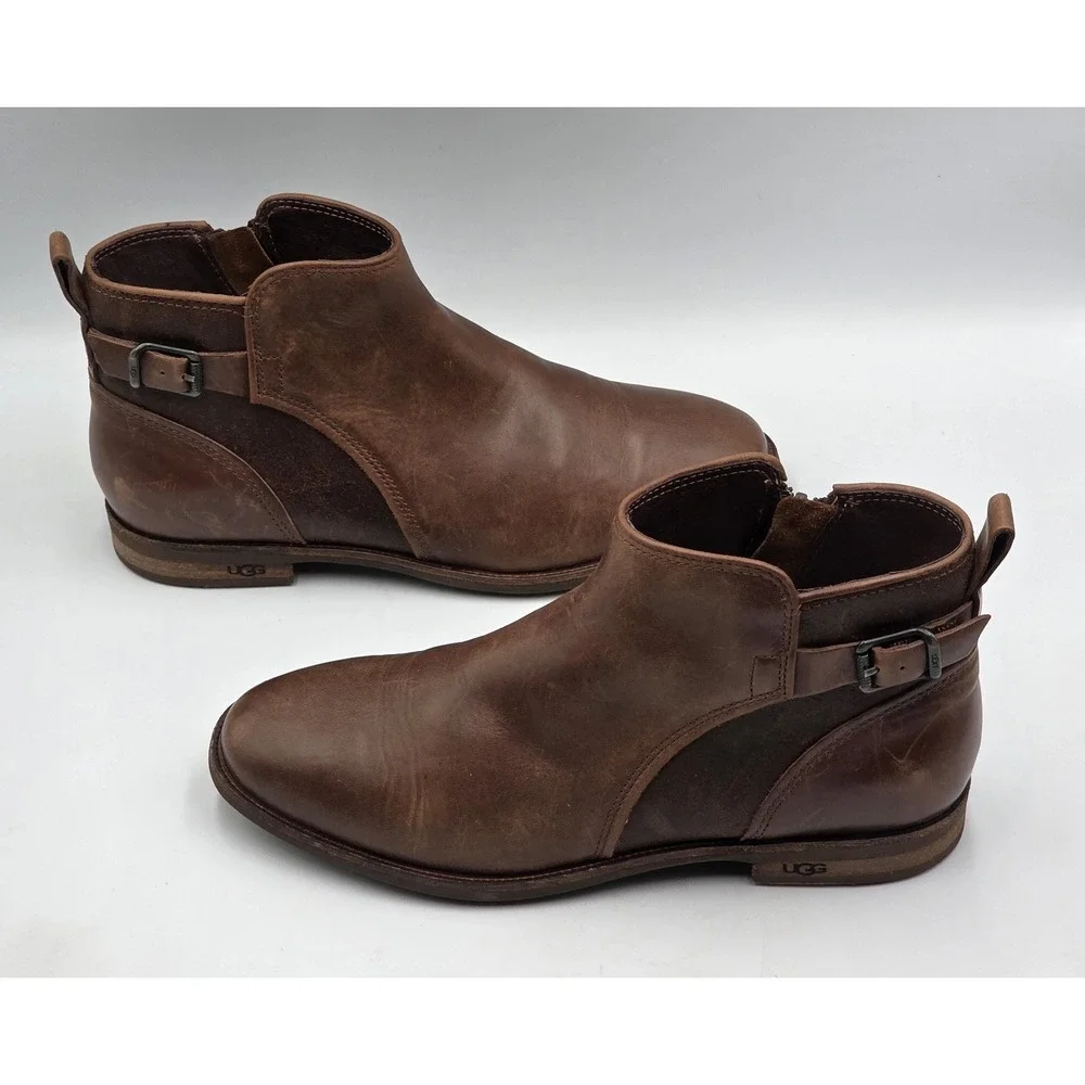 UGG Demi‎ Boot Womens 6 Brown Leather Shearling Lined Ankle Zip Buckle
